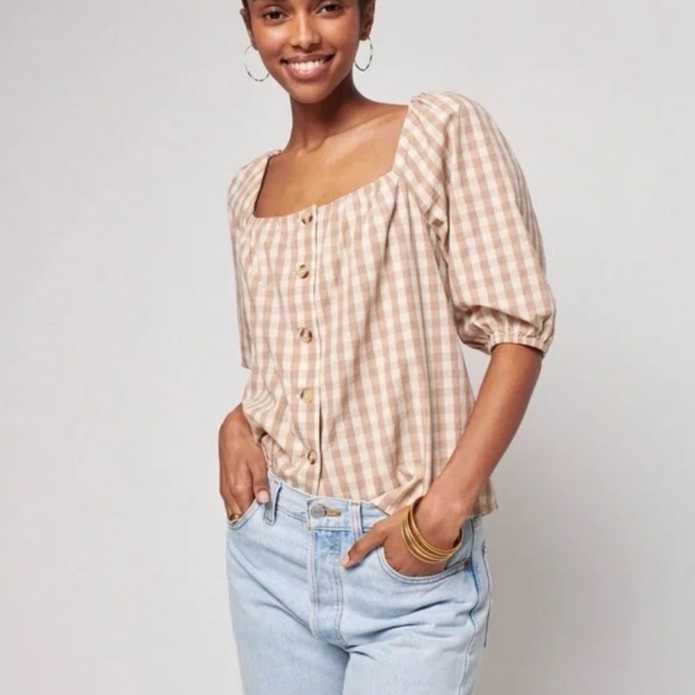 NWT! Faherty Cali Check Puff Sleeve Top Charleston Gingham XL